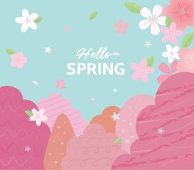 Hello Spring seasonal illustration with cherry blossoms and trees