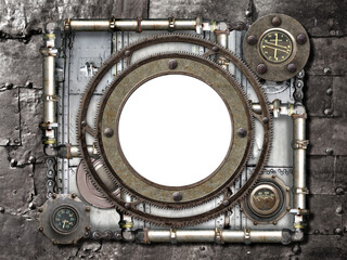 Metallic frame with vintage metal details, pipelines, gear, retro rivets. Mock up template. Copy space for text. Can be used for steampunk, industrial, mechanical design