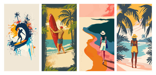 Surfers and beachgoers enjoying tropical paradise scenes