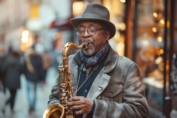 Saxophonist playing outdoors in the city - obrazy, fototapety, plakaty
