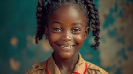 A black Liberian girl wearing a red khaki school uniform, smiling, charming eyes.