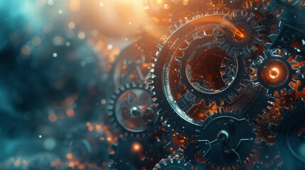 futuristic abstract background with interlocking gears and cogs - obrazy, fototapety, plakaty