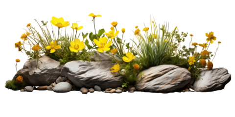 rock garden, water, grass, yellow flowers isolated on transparent background