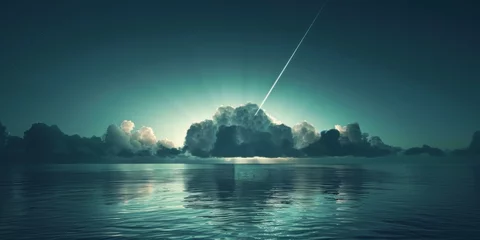 Fotobehang Dark Pastel Colored Scene Sloud Centered in Sky over a Calm Sea during First Light with Laser Streaks like Aurora Emanating from the Sky above Sky Wallpaper created with Generative AI Technology © Sentovark