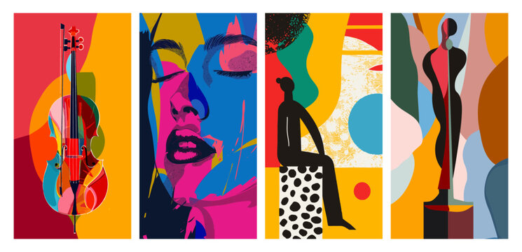 Colorful abstract art collage with violin and figures