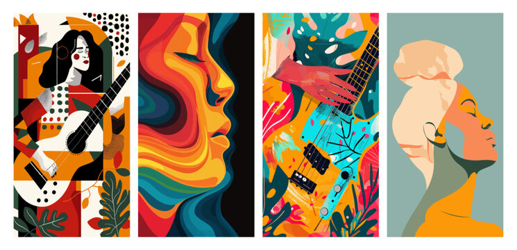 Colorful abstract art with guitar and female profiles