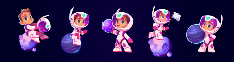 Set of astronaut kids isolated on black background. Vector cartoon illustration of cute child in astronaut spacesuit playing with planet, white flag, floating in galaxy, space education mascot