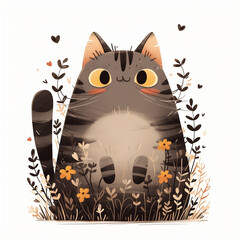 An artwork of a cute cat sitting in a field of orange and white flowers