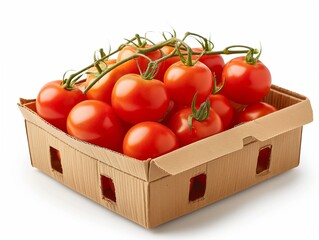 Fresh Organic Tomatoes in Cardboard Box on White Background