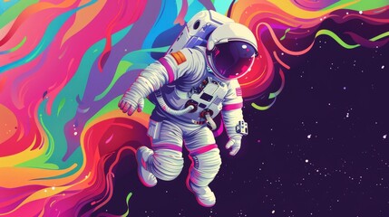 Abstract wallpaper of an astronaut in space with rainbow, Colorful art of astronaut in the space