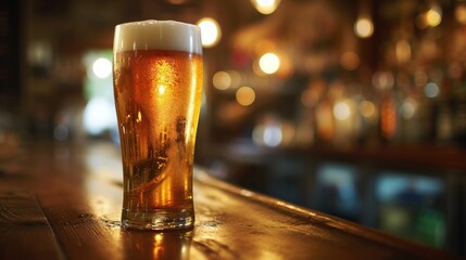 Fototapeta na wymiar Glass of cold lager beer on bar counter