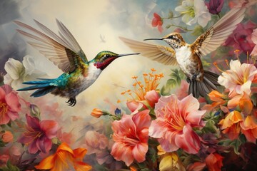 Hummingbirds hovering over brightly colored flowers. A group of hummingbirds sipping nectar from brightly colored flowers, Ai generated - obrazy, fototapety, plakaty