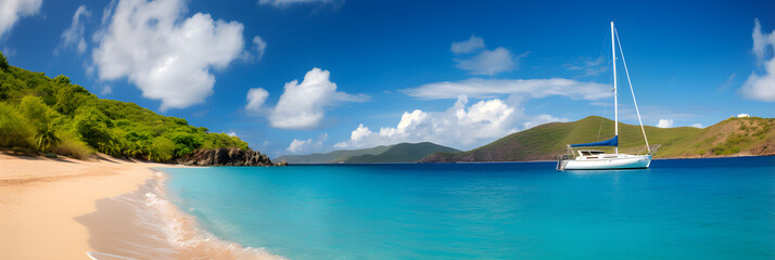 A Picturesque Day at a Serene British Virgin Islands Beach with Azure Sky, Crystalline Ocean, and Lush Vegetation