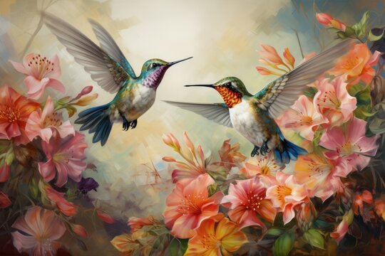 Hummingbirds hovering over brightly colored flowers. A group of hummingbirds sipping nectar from brightly colored flowers, Ai generated