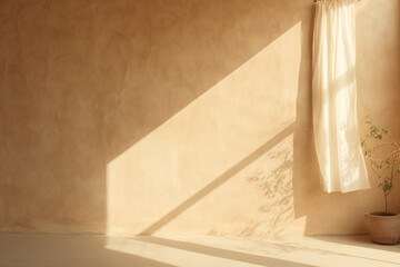 Soft sunlight fell from the window. Beige color wall with shadow. Minimal calm background. Generative AI
