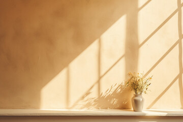 Soft sunlight fell from the window. Beige color wall with shadow. Minimal calm background. Generative AI