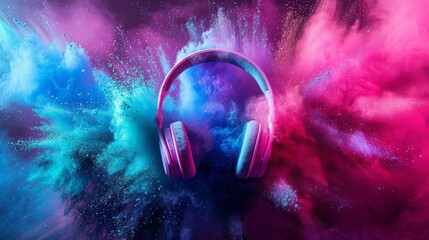 Headphone and vivid color powder. Creative music and festival concept