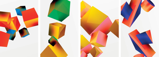 Flying 3d shapes, cubes and other geometric elements background design for wallpaper, business card, cover, poster, banner, brochure, header, website