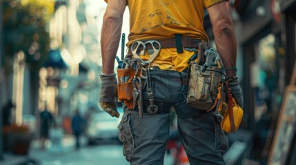 A maintenance worker wearing a bag and tools kit around his waist