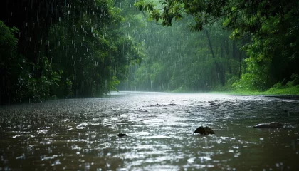 Fotobehang Bosrivier Heavy rain in the forest 