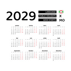 Calendar 2029 French language with Burundi public holidays. Week starts from Monday. Graphic design vector illustration.