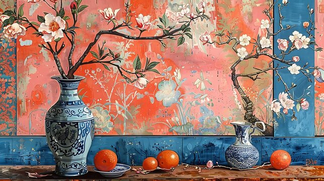 Classic acrylic, painting, features Chinese porcelain vase with flowers