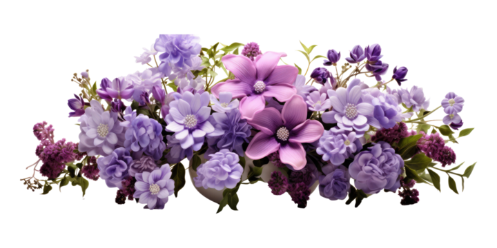 cute little miniature flower arrangement with purple flowers isolated on transparent background