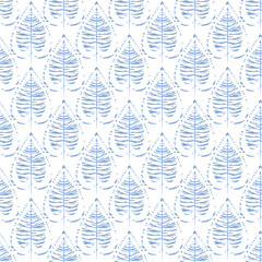 Seamless pattern with leaves in Art Deco style. Blue stylized leaves on a white background.