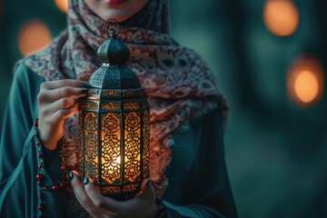 Muslim woman holding arabic lantern Ramadan kareem at night - obrazy, fototapety, plakaty