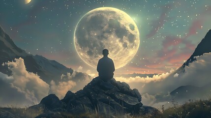 serene meditation above the clouds under a large moon - obrazy, fototapety, plakaty