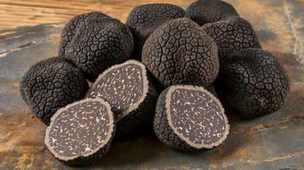 A mesmerizing close-up of black truffle mushrooms, showcasing their intricate texture, deep color, and enticing aroma.