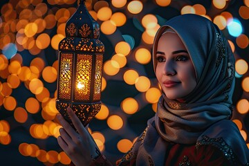 Muslim woman holding arabic lantern Ramadan kareem at night - obrazy, fototapety, plakaty