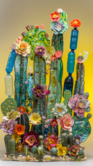 change to real cactus, Man-made mechanical and man-made artificial cactus with trash plastic bottles and acrylic paper, yellow background