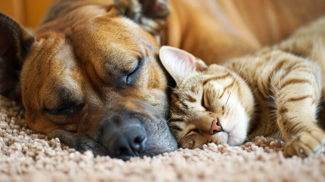 A dog and a cat sleep peacefully together in this heartwarming image, showcasing their unique bond and harmonious companionship.
