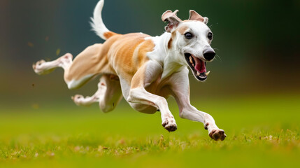 A sprinting greyhound dog, focused and determined, races with lightning speed in a thrilling competition, showcasing agility and athleticism.
