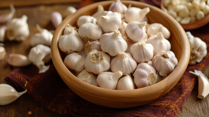 Heads of garlic in a wooden bowl on a wooden table.