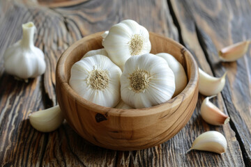 White garlic in a wooden bowl on a wooden table. Fresh garlic.