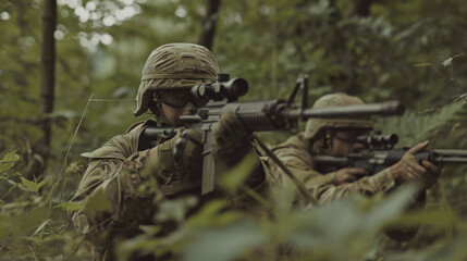 Camouflaged military special forces navigate the dense forest with stealth and precision, executing covert operations and demonstrating their expertise in challenging woodland environments.