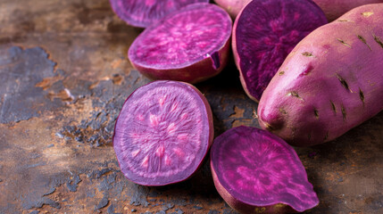 Obraz na płótnie Canvas Sweet purple potatoes, known for their vibrant hue and sweet flavor, are showcased in all their glory. With their distinctive color and delicious taste, these tubers add a unique twist to any dish.
