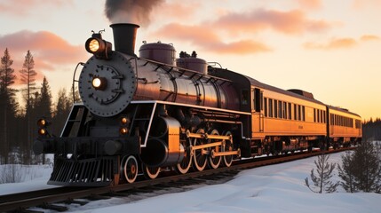 Vintage steam locomotive pulling train through picturesque winter landscape in sunlight - obrazy, fototapety, plakaty