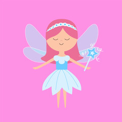 Fairy little princess with wings. Flying fairies. Paper doll. Blue flower dress. Hair decoration, magic wand. Cute cartoon kawaii funny magic character. Flat design. Purple background. Isolated.