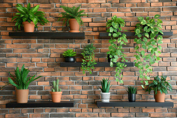 Lush green plants arranged in pots stand against a textured brick wall, creating a delightful contrast between the natural elements and the urban backdrop.
