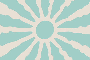 Fototapeta na wymiar Groovy retro blue sunburst starburst with ray of light. Horizontal background with blue sun in 60s, 70s hippie style. Trendy colorful graphic print. Sunny template. Flat design.