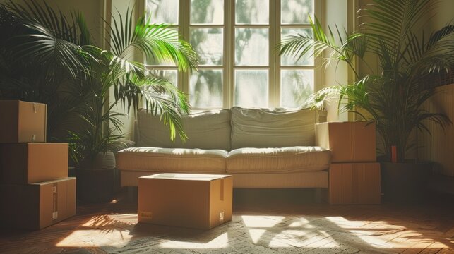 An empty room with cardboard boxes, a sofa, and green plants when moving into a new house or apartment