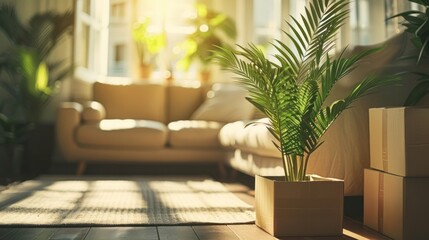 An empty room with cardboard boxes, a sofa, and green plants when moving into a new house or apartment - obrazy, fototapety, plakaty