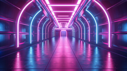 Abstract background of futuristic corridor with purple and blue neon lights