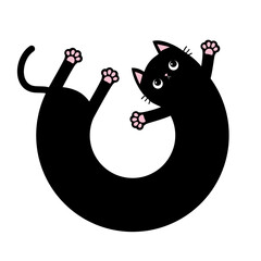 Round circle shape laying cat. Long body kitten. Cartoon baby pet character. Cute kawaii chilling black kitty head face, pink paw print. Happy Halloween. Flat design. White background. - 750377738