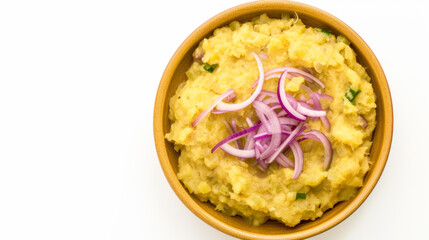 Dominican Mangu, mashed plantains with red onions, vibrant green and purple, top-down view isolated on white background. Caribbean cuisine concept. Design for tropical food guide, culinary blog