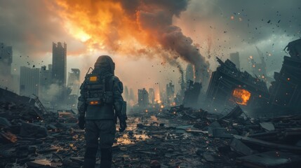 Women in sci-fi amour standing in an apocalyptic scene with debris, smoke, and fire in the aftermath of war.