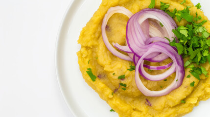 Dominican Mangu, mashed plantains with red onions, vibrant green and purple, top-down view isolated on white background. Caribbean cuisine concept. Design for tropical food guide, culinary blog